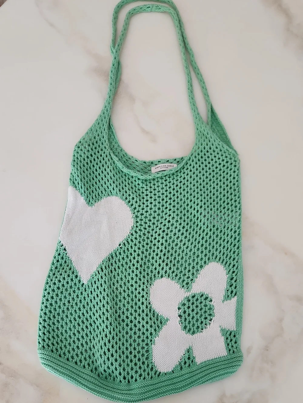 American Eagle Outfitters Mint Green Mesh Tote with White Heart & Flower